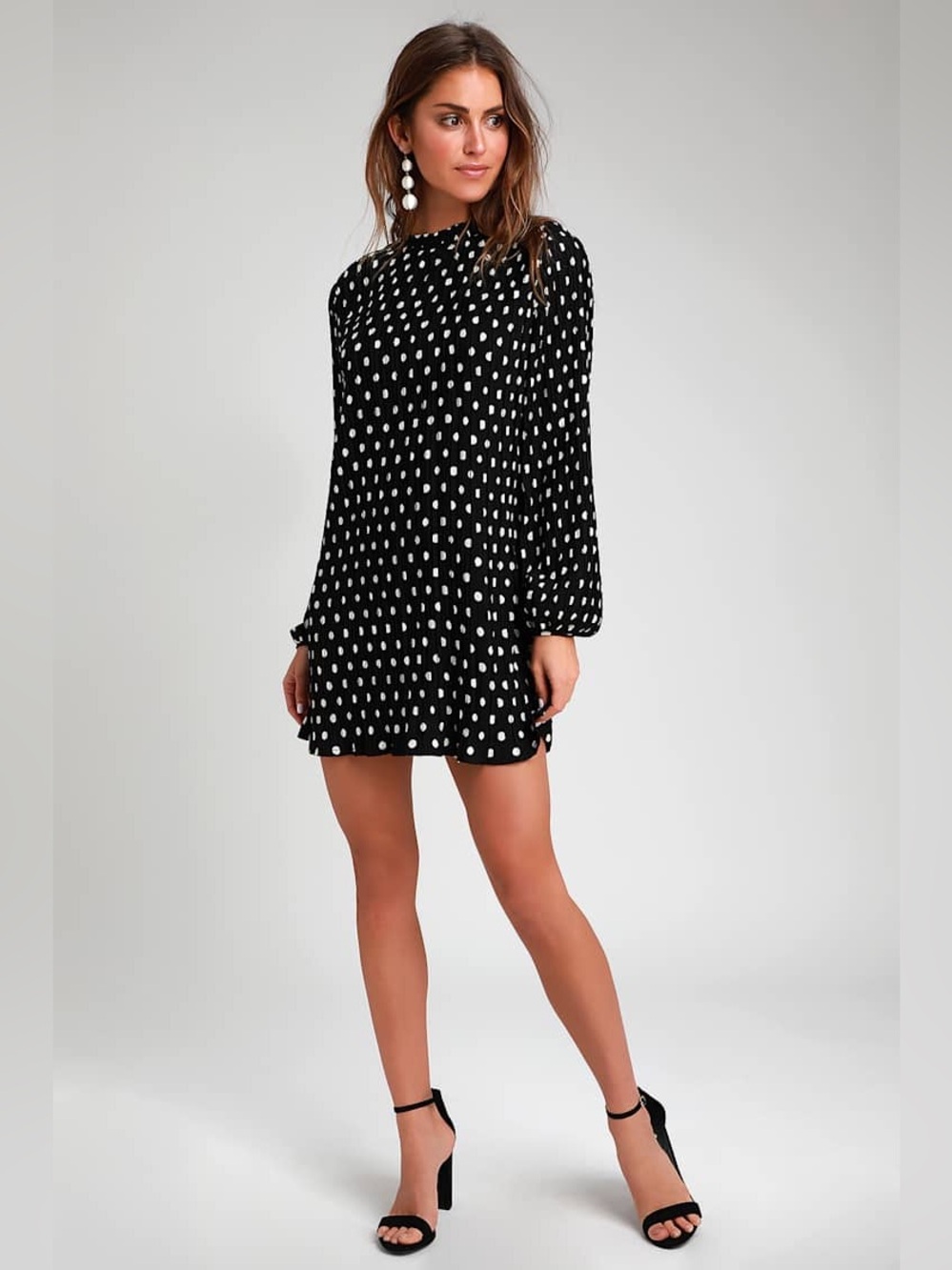 Lulus Pleat to Meet You Black Polka Dot Long Sleeve Shift Mini Dress XS